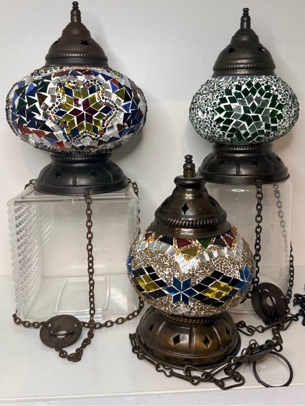 Set of 3 Turkish Moroccan Mosaic & Beaded Hanging Lantern Lamps